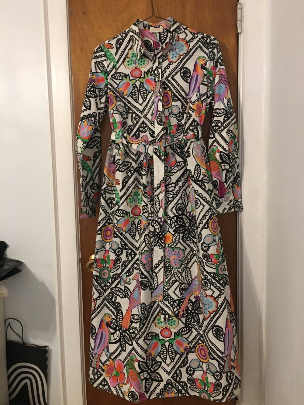 Banjanan Multicolor Birds/Floral Long Sleeve, Tiered BoHo Maxi Dress Size M, EUC